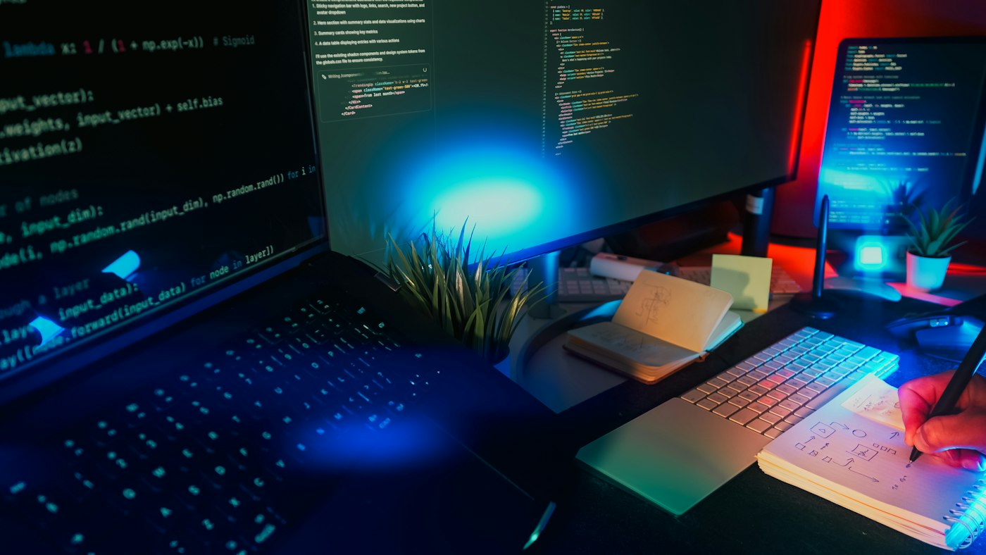 Écrans affichant du code sous un éclairage néon
